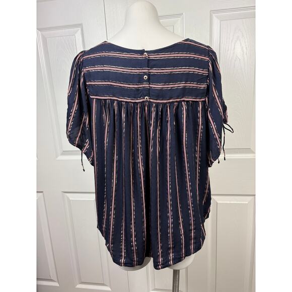 By Anthropologie Navy & Metallic Striped Tie Short Sleeve Peasant Blouse Top L - Picture 5 of 9
